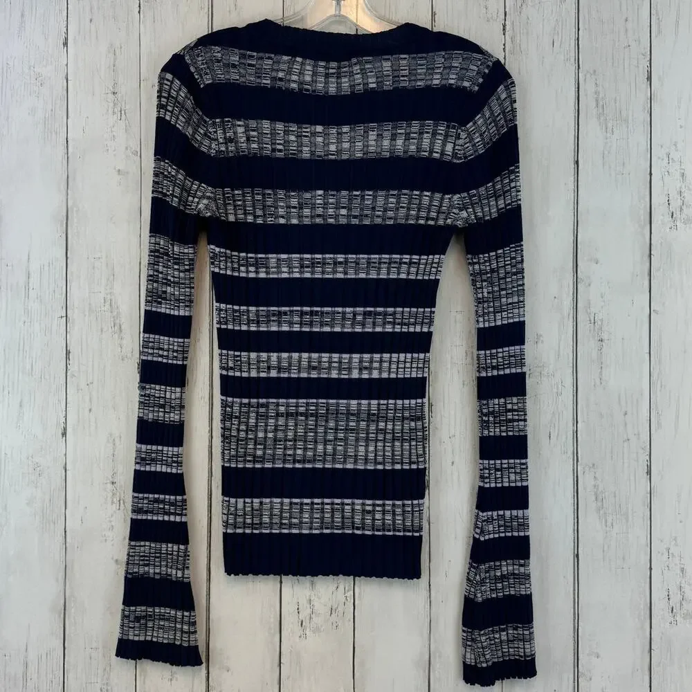 Becken Blue/Grey Striped Ribbed Crewneck Flare Long Sleeve Sweater Size XS